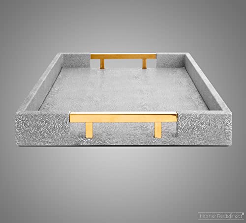Home Redefined Modern Elegant 17.5"x12" Rectangle Glossy Grey Shagreen Faux Leather Decorative Tray Ottoman Coffee Table Perfume Kitchen Display Perfume Serving Tray with Gold Polished Metal Handles. - Image 4