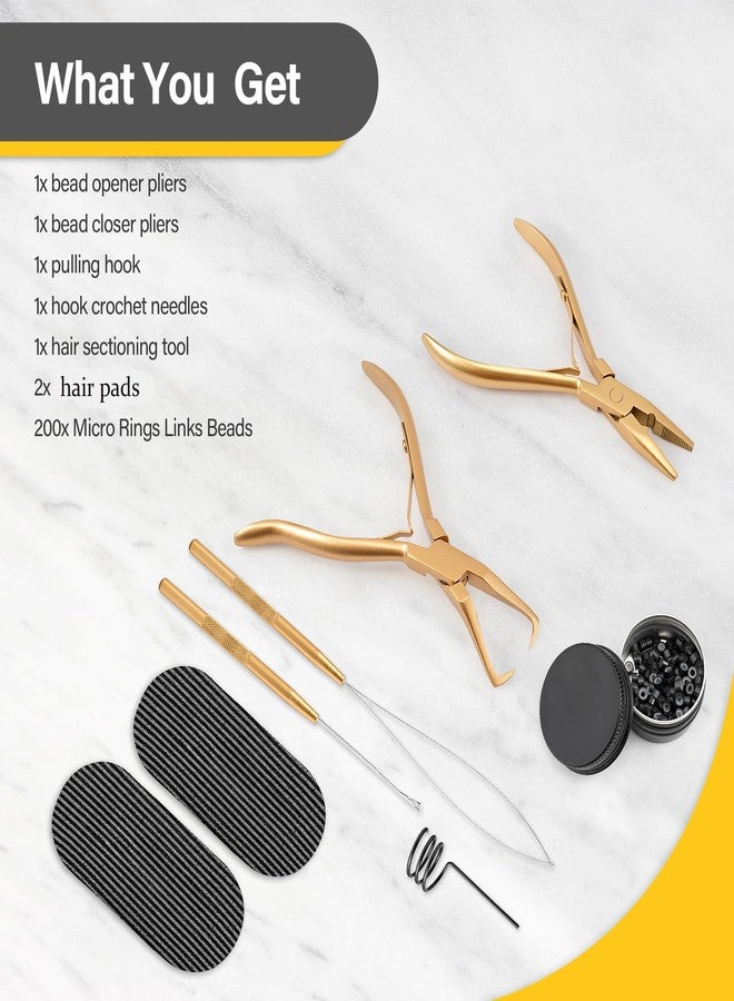 Gomake Microlinks Hair Extensions Kit, Hair Extension Closer and Removal Pliers, Micro Beads Pulling Hook & Microbead Loop Tool, Micro Links Silicone Rings Bead 200PCS(Gold) - Image 2