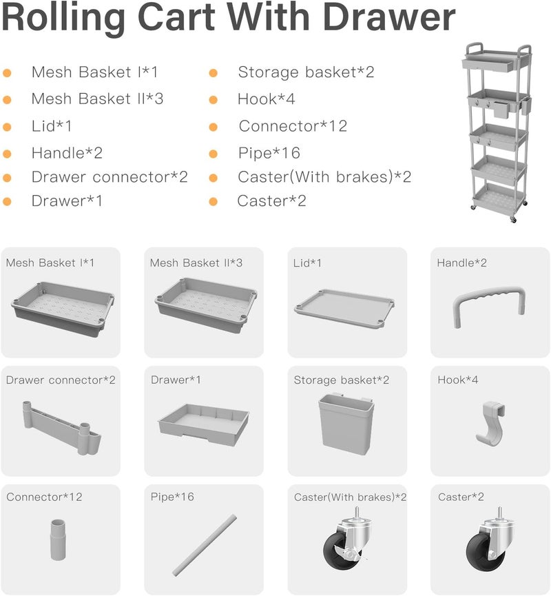 REBECAT 5 Tier Rolling Utility Cart with Drawer, Utility Cart Made of Multifunctional Storage Organizer Tool for Kitchen,Bathroom,Living Room,Office(Gray) - Image 3