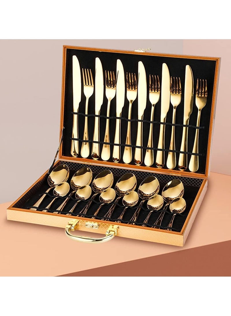 24-Piece Stainless Steel Cutlery Set Golden Kitchen Utensils Set, Tableware Set For Home Kitchen Restaurant Hotel Gatherings Picnic Dining 18 cm Golden  - Image 4