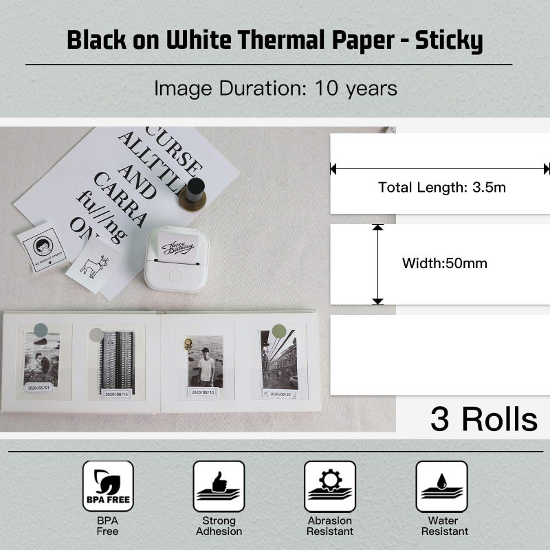 Memoking T02/M02X/M02L White Thermal Paper-10-Year Sticky 50mmx3.5m for Journal Photo Texts Study Notes and More, 3 Rolls - Image 2