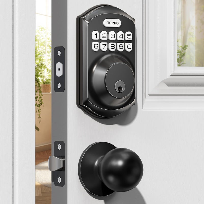 TEEHO TE001K Keyless Entry Door Lock with Handle, Electronic Keypad Deadbolt with 2 Knobs, High-Security Front Door Handle Set for Home & Rental, Smart Auto-Locking, Easy Install, Matte Black - Image 1