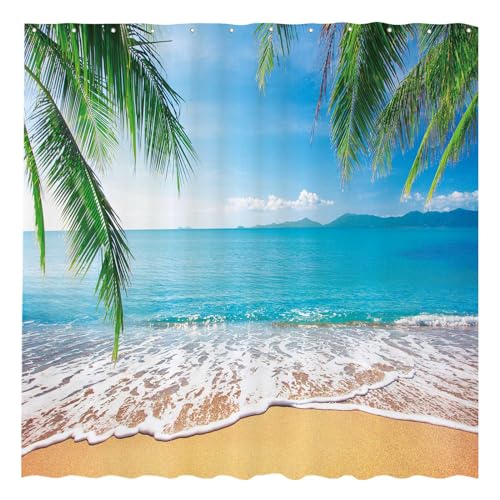 Allenjoy 72 x 72 Tropical Beach Shower Curtain Summer Seaside Scene Ocean Island Palm Tree Bathroom Decorations Curtain Durable Bathtub Showers Decor Hooks Not Included