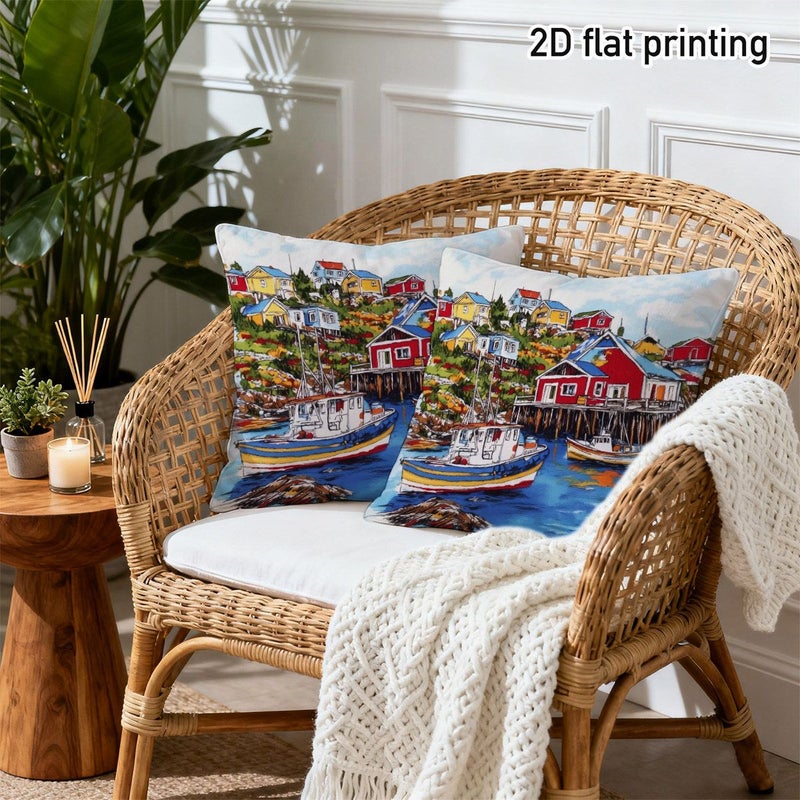 Set of 2 Coastal Fishing Village Throw Pillow Covers 15.7x15.7 Inch - Image 5