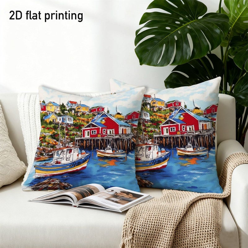 Set of 2 Coastal Fishing Village Throw Pillow Covers 15.7x15.7 Inch - Image 2