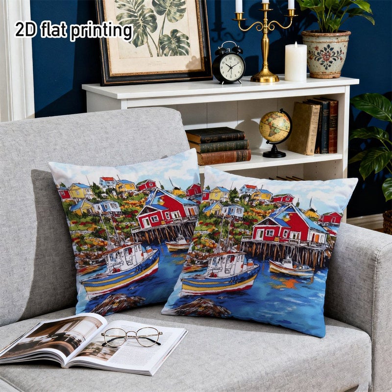 Set of 2 Coastal Fishing Village Throw Pillow Covers 15.7x15.7 Inch - Image 4
