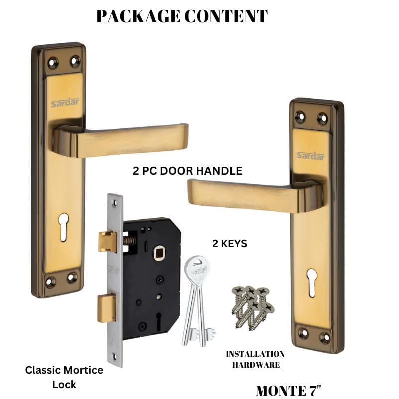 SARDAR Monte Black/Gold 7 Inch Metal Iron Handle Set|2 Keys | 6 Lever Single Turn Lock Set| Handle Set For Door, Bathroom, Bedroom, Living Room - Image 4