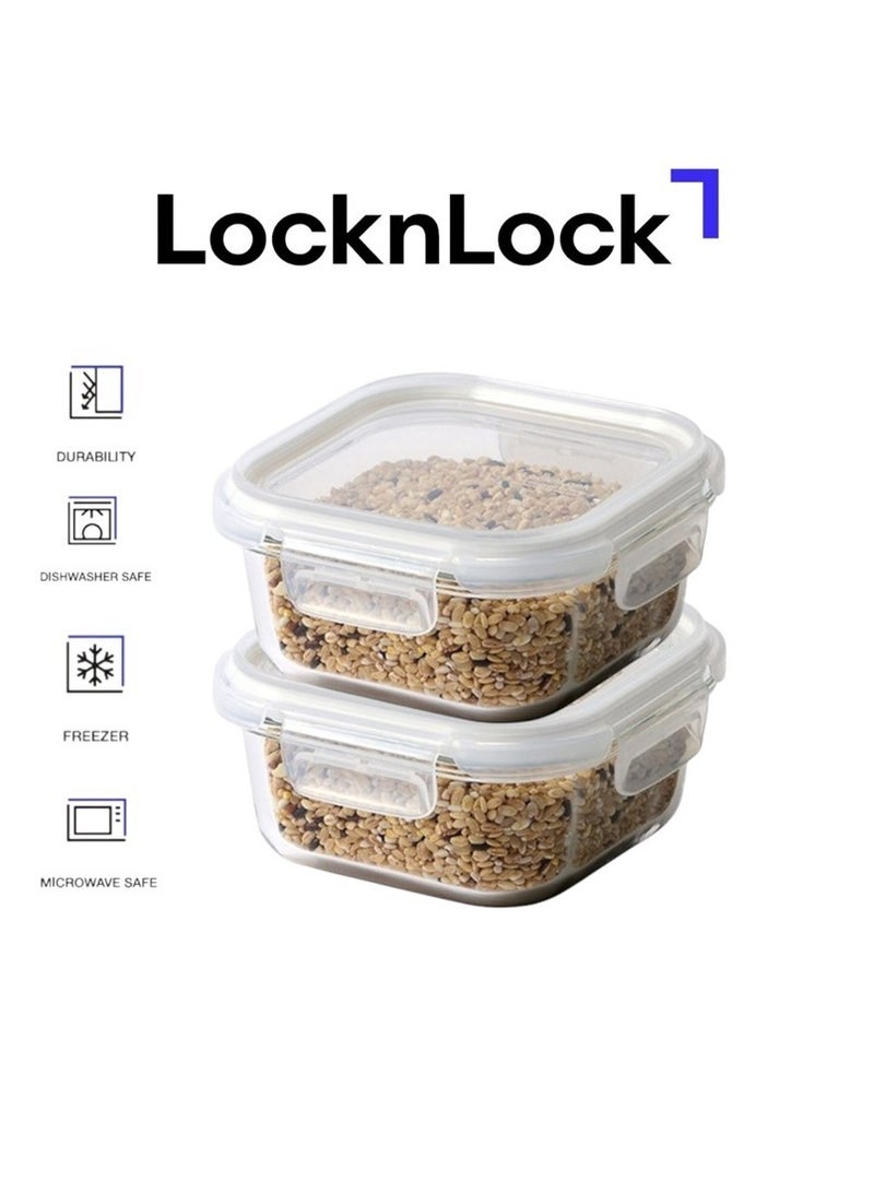 LocknLock Stackable Tempered Glass Square 520ml (PACK OF 2) – Airtight, Freezer & Microwave Safe