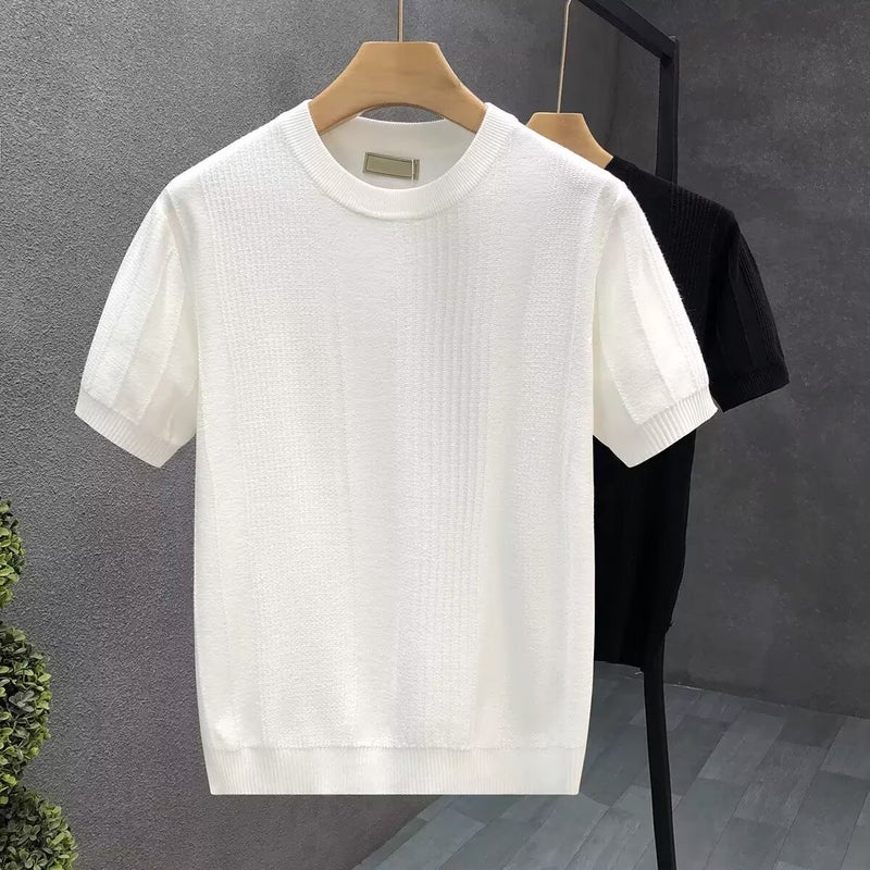 2024 Autumn Mens Knitwear Slim Fit Trendy Short Sleeve Sweater Black - Image 2