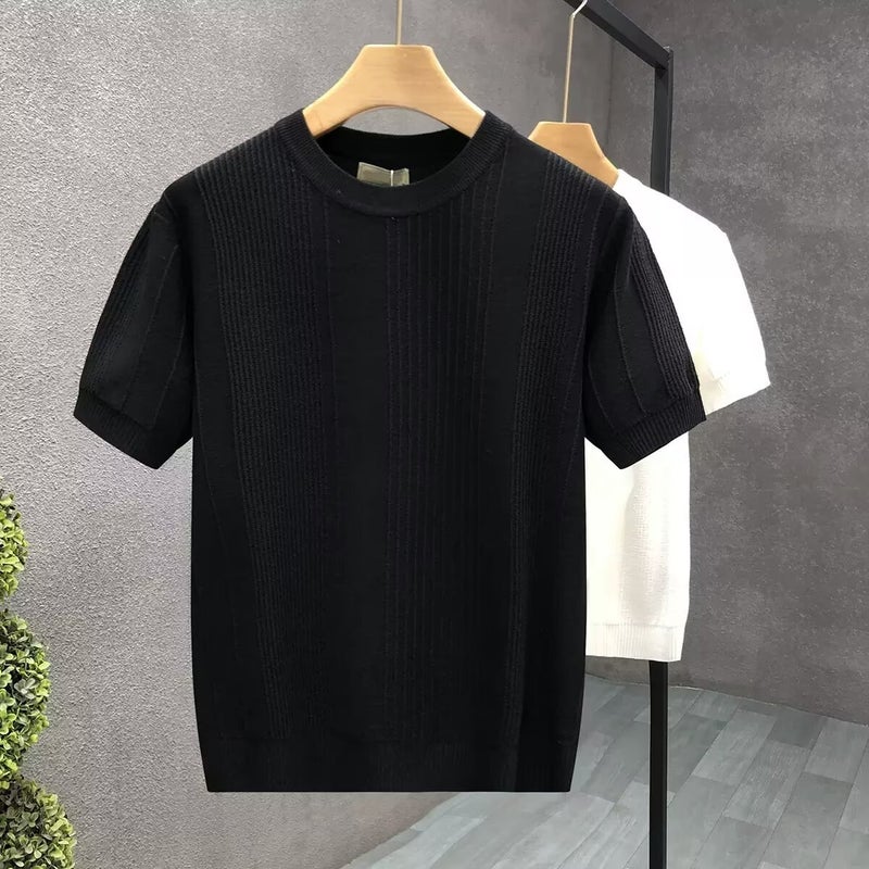 2024 Autumn Mens Knitwear Slim Fit Trendy Short Sleeve Sweater Black - Image 1
