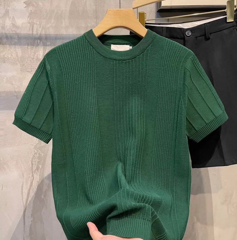 2024 Autumn Mens Knitwear Slim Fit Trendy Short Sleeve Sweater Black - Image 5