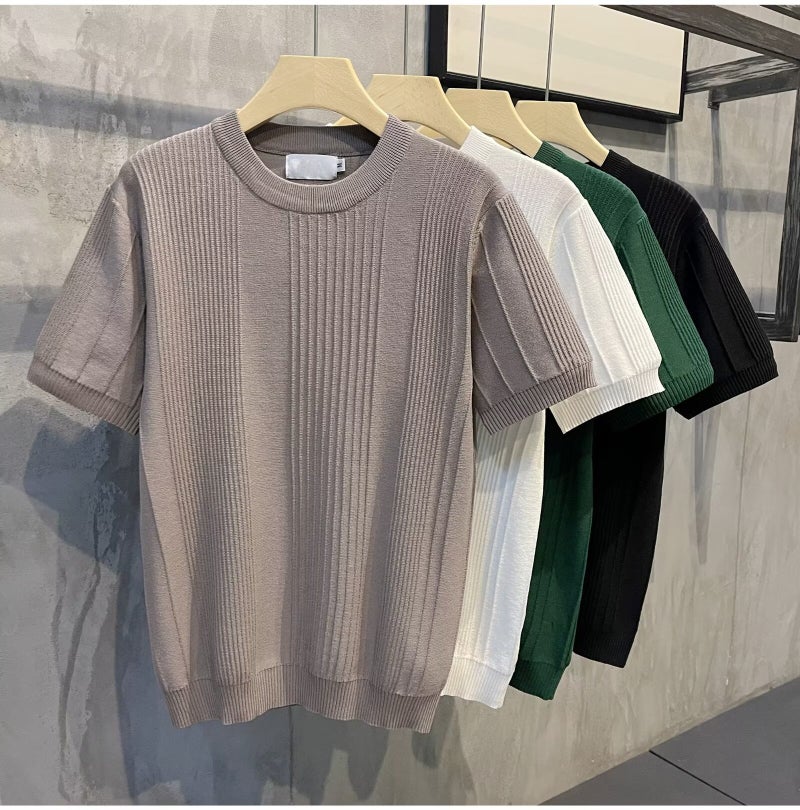 2024 Autumn Mens Knitwear Slim Fit Trendy Short Sleeve Sweater Black - Image 3