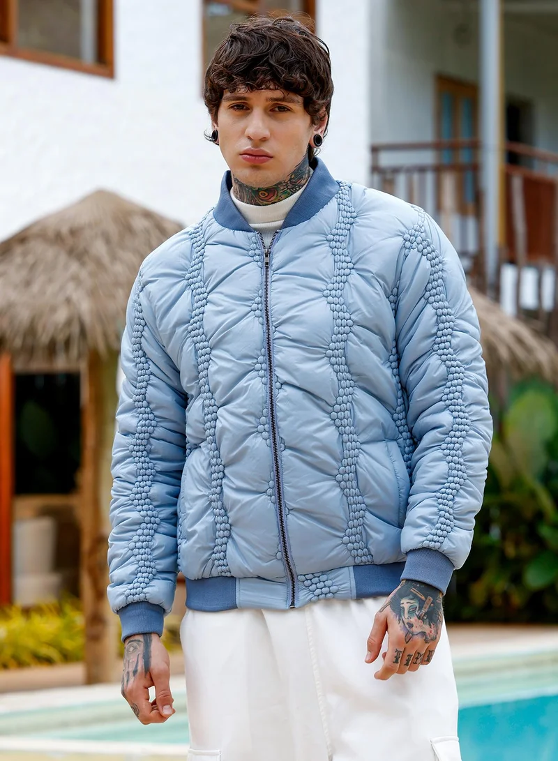 Campus Sutra Men's Bauble-Tactile Puffer Bomber Jacket | Baseball Collar , Long Ribbed Cuff Sleeves , Zipper Closure , Ribbed-Straight Hem | Solid Woven Textured For Casual & Daily | Icy Blue