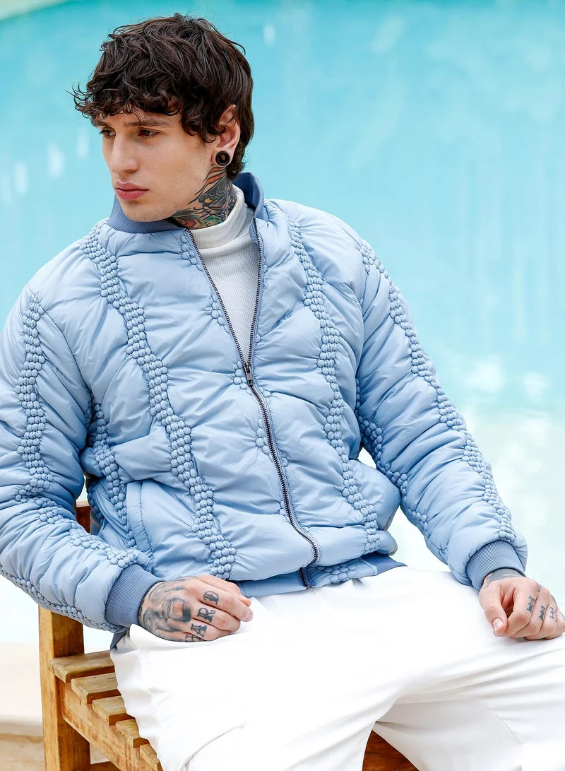 Campus Sutra Men's Bauble-Tactile Puffer Bomber Jacket | Baseball Collar , Long Ribbed Cuff Sleeves , Zipper Closure , Ribbed-Straight Hem | Solid Woven Textured For Casual & Daily | Icy Blue
