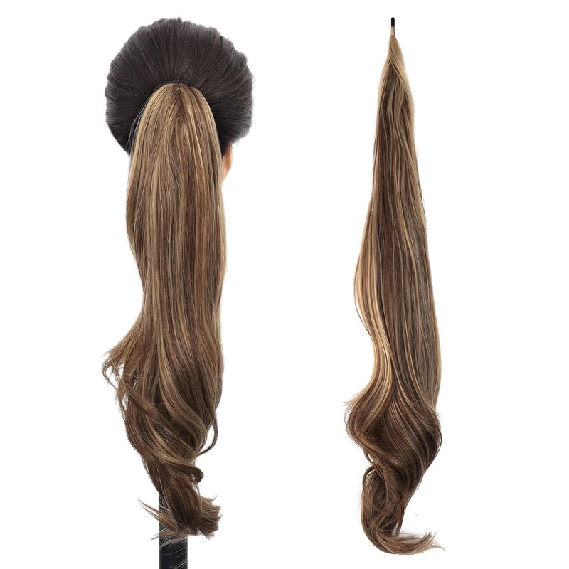 Chicmoi Brown Ponytail Extainson 32 Inch Flexible Wrap Around Ponytail Hair Extension Brown With Highlight Blonde Long Wavy Pony Tails hair Extension Synthetic Hairpieces For Women and Girls