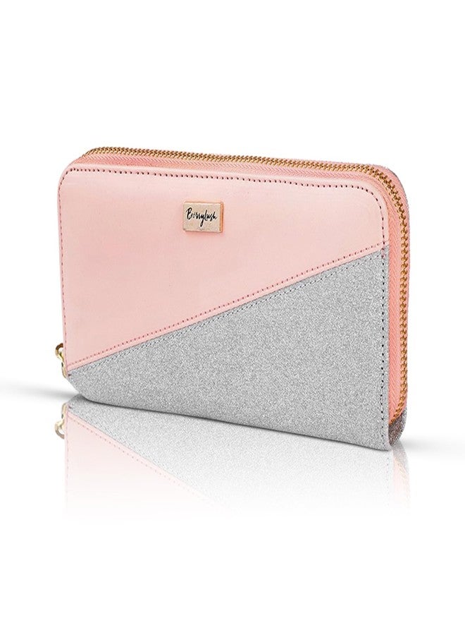 Berrylush Women Pink & Silver Colourblocked Pattern PU Zipper Tasselled Around Long Wallet - Image 1