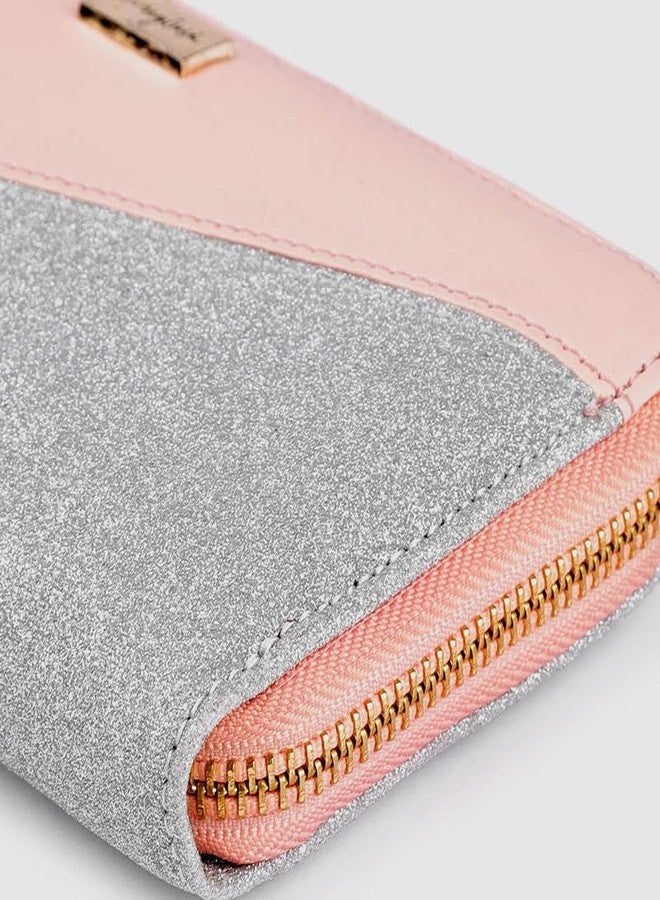 Berrylush Women Pink & Silver Colourblocked Pattern PU Zipper Tasselled Around Long Wallet - Image 4