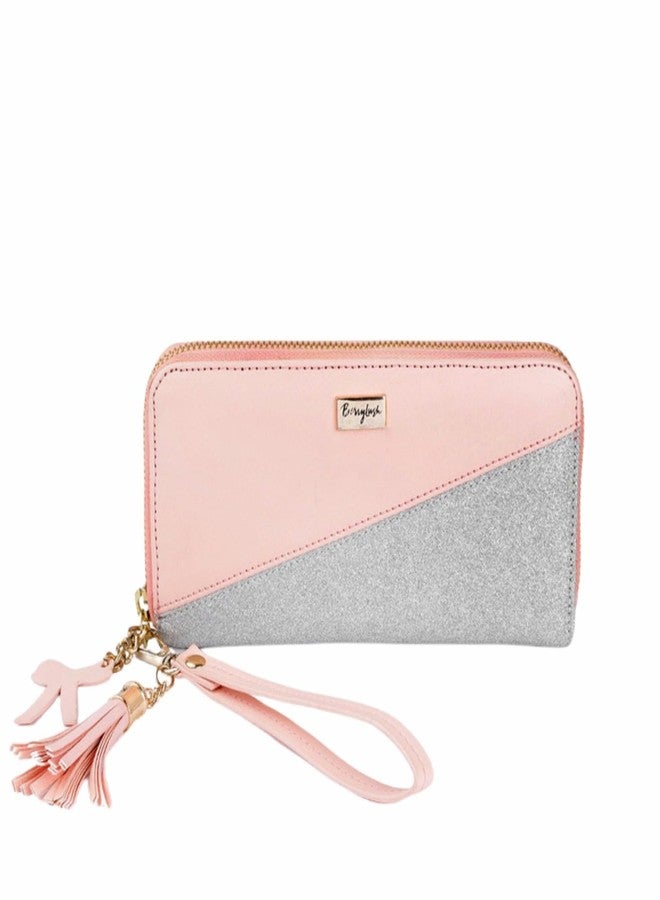Berrylush Women Pink & Silver Colourblocked Pattern PU Zipper Tasselled Around Long Wallet - Image 2