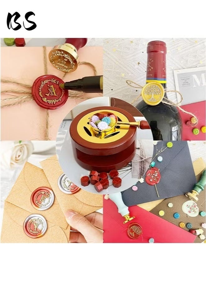 بي إس مجموعة ختم الشمع المكونة من سبع قطع | سخان ختم الشمع الخشبي العتيق | يتضمن (1 سخان ختم الشمع، 1 ملعقة إذابة الشمع المقاومة للحروق، 1 مقبض ختم، 1 رأس ختم حظ سعيد، 1 محرك نوتة موسيقية ذهبية، 10 شموع، 180 خرزة ختم الشمع) | أداة تسخين إذابة الشمع | مثالية للهدايا والرسائل ودعوات الزفاف ودعوات الحفلات وسجلات القصاصات والحرف اليدوية. - Image 2