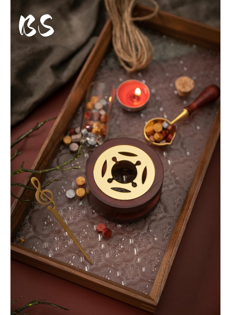 بي إس مجموعة ختم الشمع المكونة من سبع قطع | سخان ختم الشمع الخشبي العتيق | يتضمن (1 سخان ختم الشمع، 1 ملعقة إذابة الشمع المقاومة للحروق، 1 مقبض ختم، 1 رأس ختم حظ سعيد، 1 محرك نوتة موسيقية ذهبية، 10 شموع، 180 خرزة ختم الشمع) | أداة تسخين إذابة الشمع | مثالية للهدايا والرسائل ودعوات الزفاف ودعوات الحفلات وسجلات القصاصات والحرف اليدوية. - Image 1