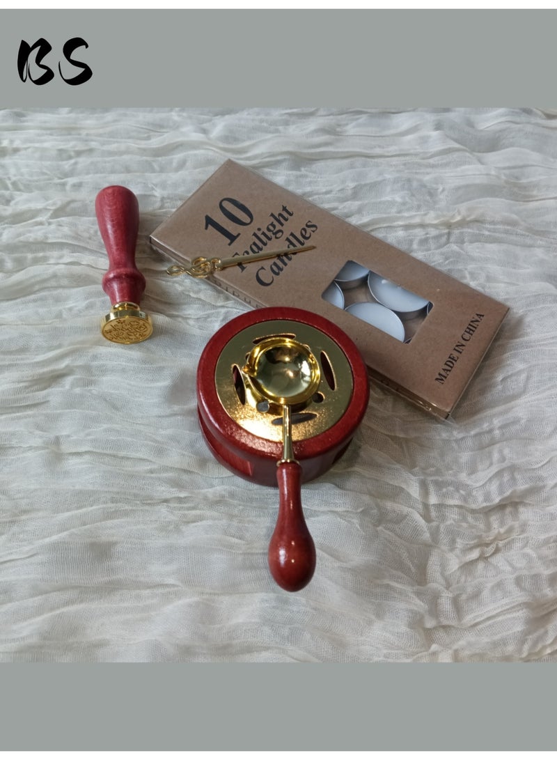 بي إس مجموعة ختم الشمع المكونة من سبع قطع | سخان ختم الشمع الخشبي العتيق | يتضمن (1 سخان ختم الشمع، 1 ملعقة إذابة الشمع المقاومة للحروق، 1 مقبض ختم، 1 رأس ختم حظ سعيد، 1 محرك نوتة موسيقية ذهبية، 10 شموع، 180 خرزة ختم الشمع) | أداة تسخين إذابة الشمع | مثالية للهدايا والرسائل ودعوات الزفاف ودعوات الحفلات وسجلات القصاصات والحرف اليدوية. - Image 3