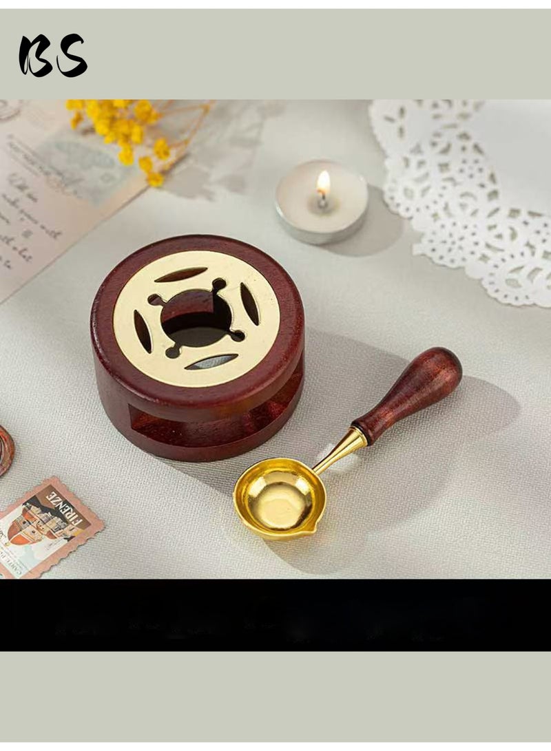 بي إس مجموعة ختم الشمع المكونة من سبع قطع | سخان ختم الشمع الخشبي العتيق | يتضمن (1 سخان ختم الشمع، 1 ملعقة إذابة الشمع المقاومة للحروق، 1 مقبض ختم، 1 رأس ختم حظ سعيد، 1 محرك نوتة موسيقية ذهبية، 10 شموع، 180 خرزة ختم الشمع) | أداة تسخين إذابة الشمع | مثالية للهدايا والرسائل ودعوات الزفاف ودعوات الحفلات وسجلات القصاصات والحرف اليدوية. - Image 4