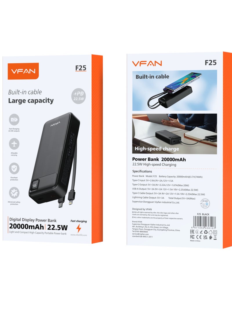 باور بانك VFAN مدمج 20000 مللي أمبير 22.5 واط بشاشة رقمية F25-أسود