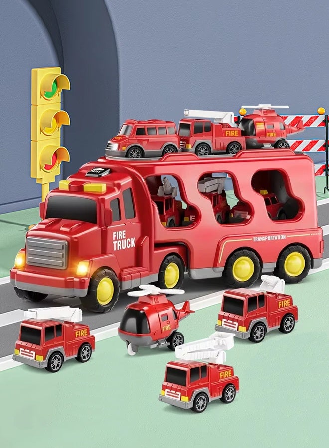 Fire Truck Toys for Toddler 1-3 3-5, 5-in-1 Fire Car Carrier Vehicle Set for Girls 1 2 3 4 5 6 Years Old, Transport Car with Light Sound, Birthdays Gifts for Kids Girls Aged 3-9 - Image 1