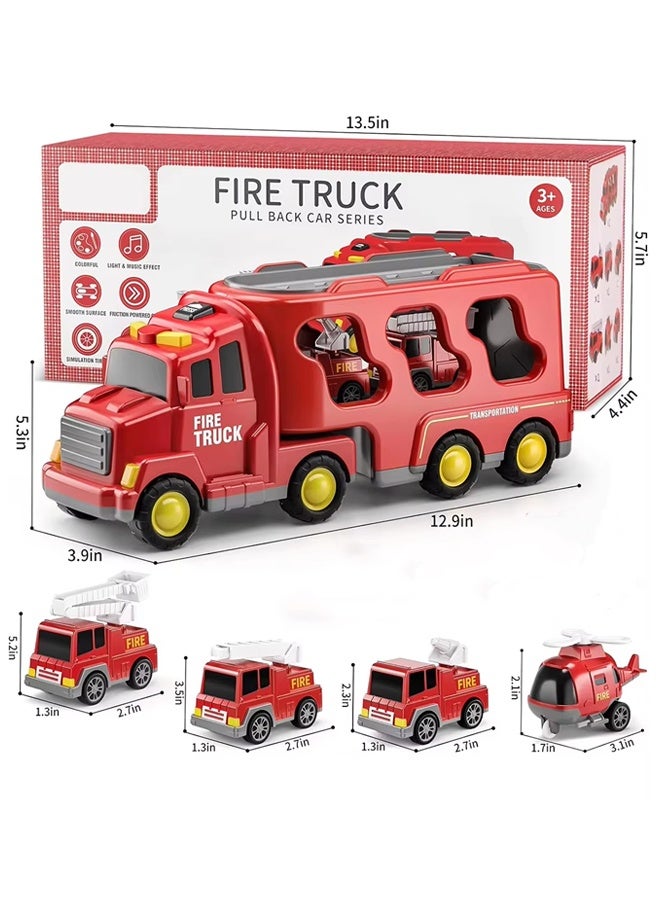 Fire Truck Toys for Toddler 1-3 3-5, 5-in-1 Fire Car Carrier Vehicle Set for Girls 1 2 3 4 5 6 Years Old, Transport Car with Light Sound, Birthdays Gifts for Kids Girls Aged 3-9 - Image 2