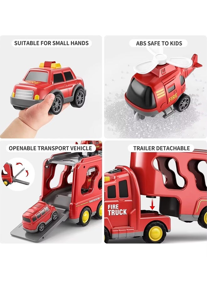 Fire Truck Toys for Toddler 1-3 3-5, 5-in-1 Fire Car Carrier Vehicle Set for Girls 1 2 3 4 5 6 Years Old, Transport Car with Light Sound, Birthdays Gifts for Kids Girls Aged 3-9 - Image 3