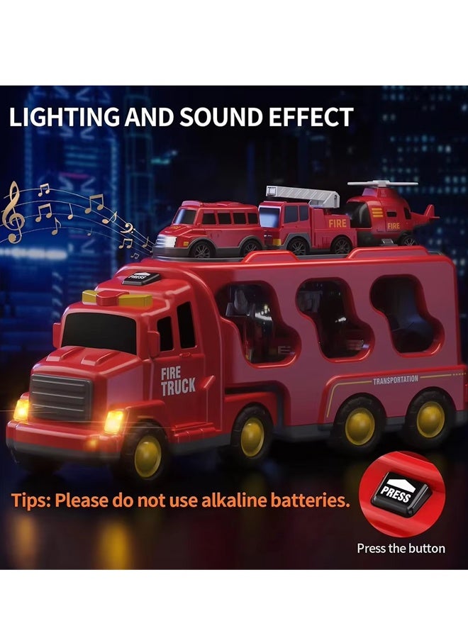 Fire Truck Toys for Toddler 1-3 3-5, 5-in-1 Fire Car Carrier Vehicle Set for Girls 1 2 3 4 5 6 Years Old, Transport Car with Light Sound, Birthdays Gifts for Kids Girls Aged 3-9 - Image 4