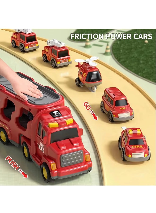 Fire Truck Toys for Toddler 1-3 3-5, 5-in-1 Fire Car Carrier Vehicle Set for Girls 1 2 3 4 5 6 Years Old, Transport Car with Light Sound, Birthdays Gifts for Kids Girls Aged 3-9 - Image 5
