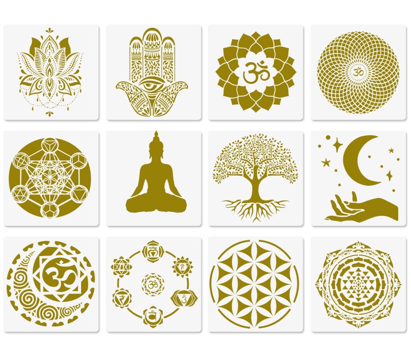 Sacred Geometry Stencils  12 Pcs Yoga Stencils with Om Lotus Chakra Mandala Hamsa Sun Moon Symbols for Painting on Wood Fabric Walls  10x10
