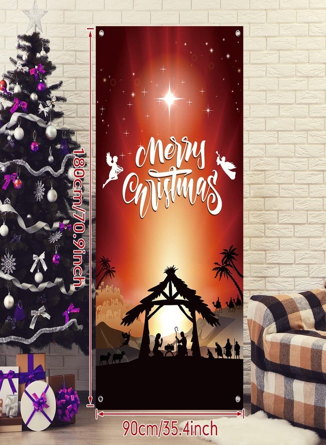 MASHAN Christmas Nativity Door Cover Decoration Jesus Holy Night Christmas Fabric Door Cover Porch Sign Nativity Scene Religious Orange Red Front Door Hanging Banner Backdrop for Holiday Xmas71x35inch - Image 2