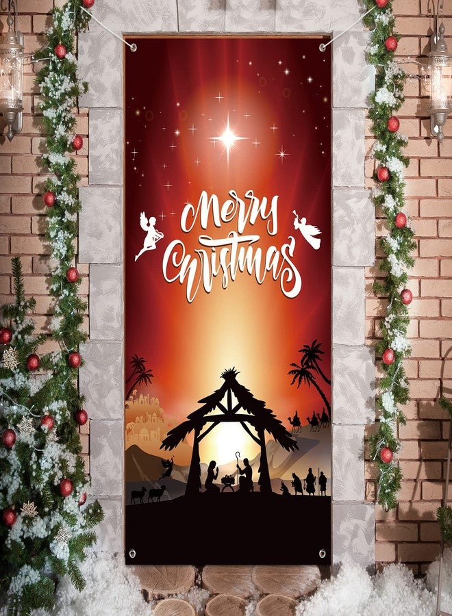 MASHAN Christmas Nativity Door Cover Decoration Jesus Holy Night Christmas Fabric Door Cover Porch Sign Nativity Scene Religious Orange Red Front Door Hanging Banner Backdrop for Holiday Xmas71x35inch - Image 4