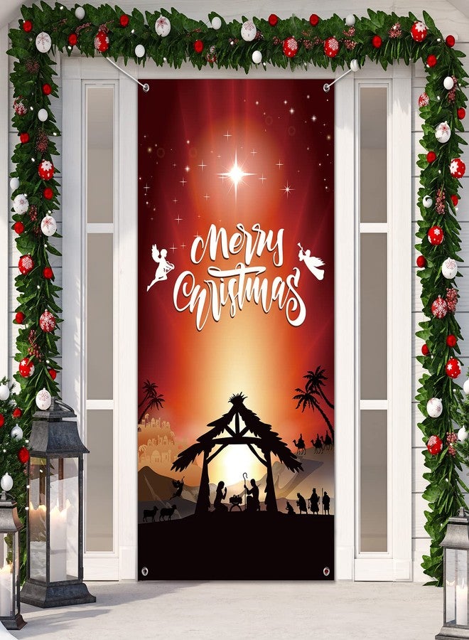 MASHAN Christmas Nativity Door Cover Decoration Jesus Holy Night Christmas Fabric Door Cover Porch Sign Nativity Scene Religious Orange Red Front Door Hanging Banner Backdrop for Holiday Xmas71x35inch - Image 1
