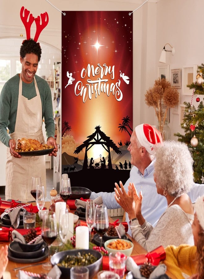 MASHAN Christmas Nativity Door Cover Decoration Jesus Holy Night Christmas Fabric Door Cover Porch Sign Nativity Scene Religious Orange Red Front Door Hanging Banner Backdrop for Holiday Xmas71x35inch - Image 5