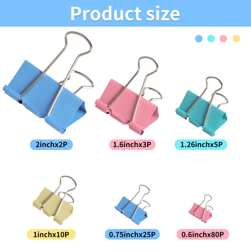 Joyberg 125Pcs Binder Clips Colored, Binder Clips Assorted Sizes, 6 Sizes Binder Paper Clips for Office Supplies/Home/School (Blue, Pink, Yellow, Green) - Image 2