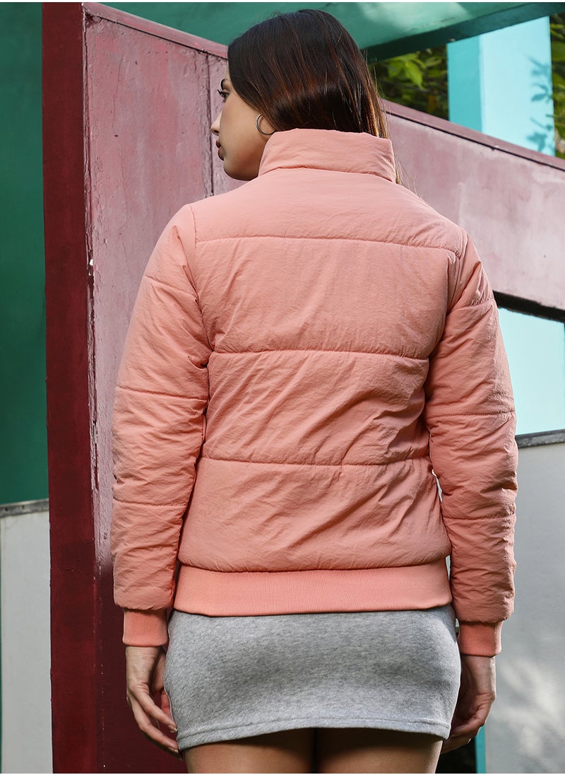 Campus Sutra Women's Salmon Pink Solid Puffer Jacket  - Image 5