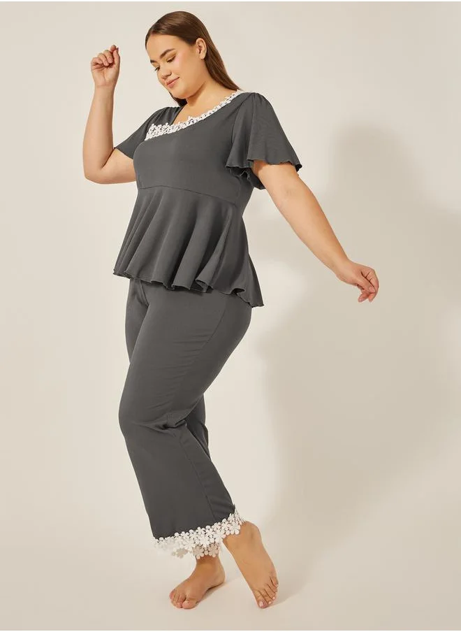 Styli matching pyjama set with peplum top and lace detailing