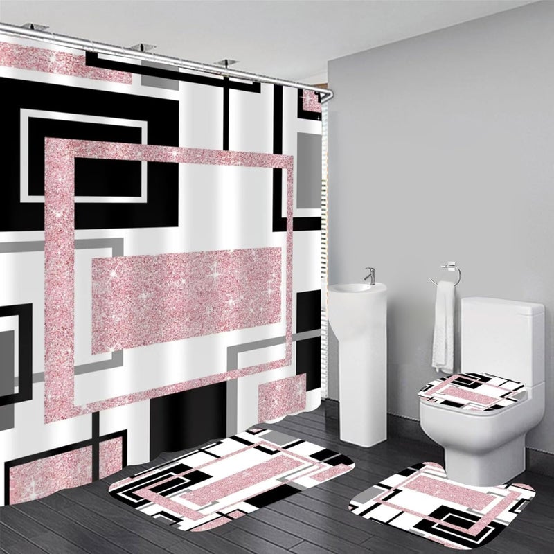 Yddsky 4 Pcs Pink Geometric Shower Curtain Sets Non-Slip Bath Rugs, Toilet Cover, U-Shaped Mat, Pink Geometric Modern Bathroom Decor with 12 Hooks, General size - Image 1