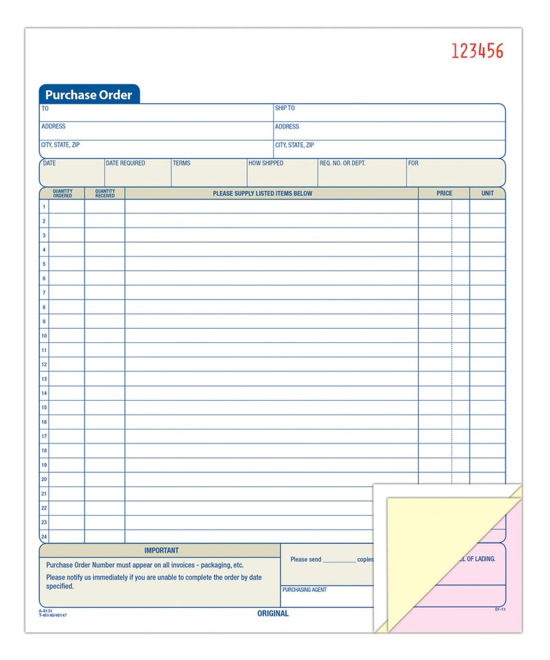 Adams Purchase Order Book, 8.38 x 10.69 Inch, 3-Part, Carbonless, 50 Sets, White, Canary and Pink (TC8131) - Image 3