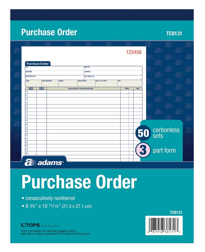 Adams Purchase Order Book, 8.38 x 10.69 Inch, 3-Part, Carbonless, 50 Sets, White, Canary and Pink (TC8131) - Image 2
