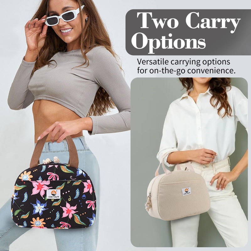CaCTOUR Lunch Box Lunch Bag for Women Girls Teens, Cute Lunch Box Cooler Bag, Portable Small Insulated LunchBox Reusable Corduroy Lunch Tote for Work/Travel/Picnic/School - Floral - Image 2
