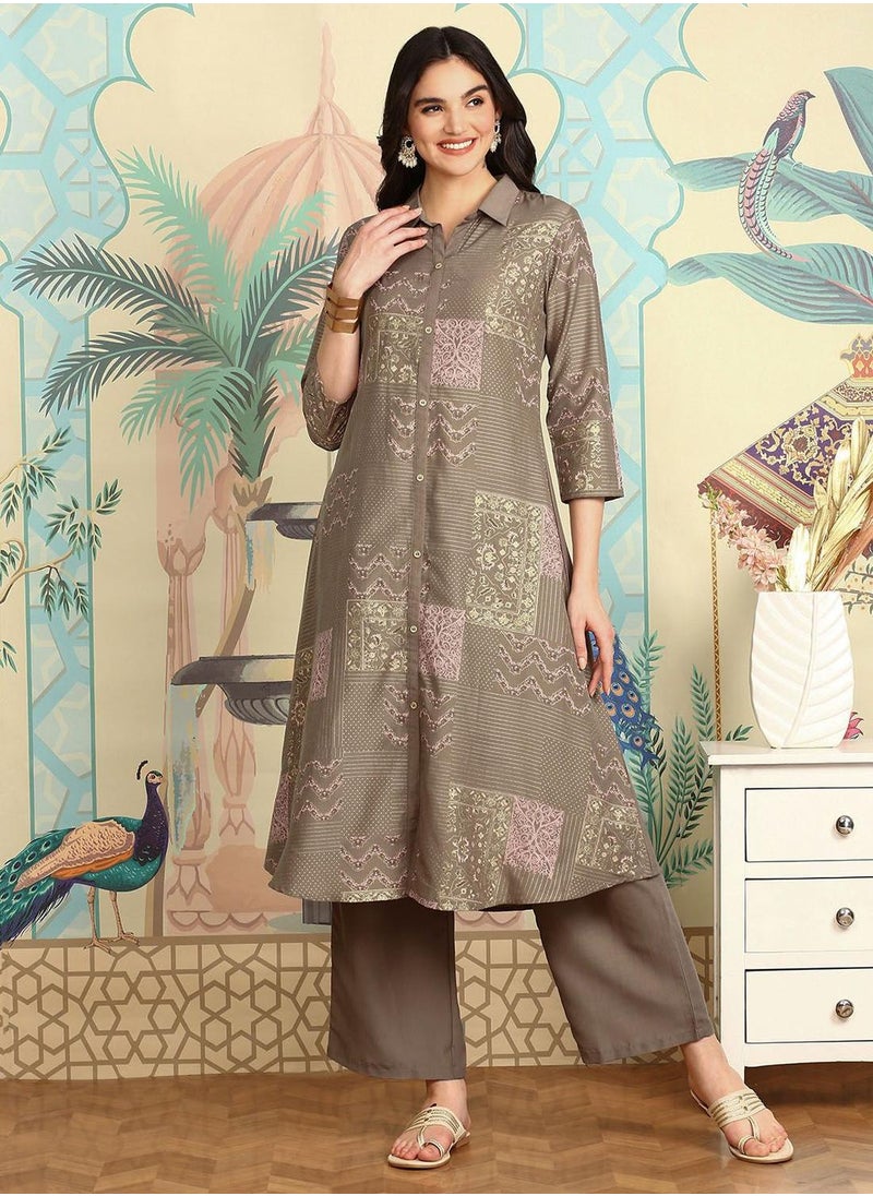 ISHIN Women's Brown Chiffon Embellished Tunic Full Length Casual Straight Fit Kurta Set  - Image 5