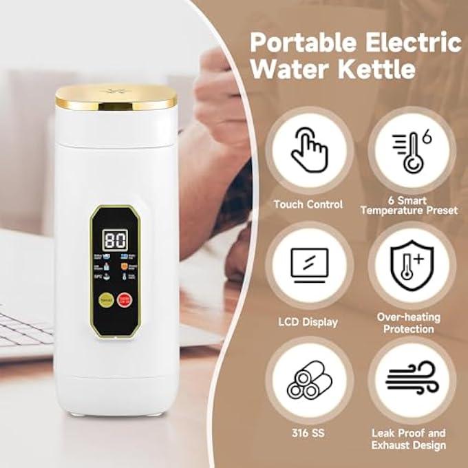 Hahamiya 650Ml Portable Electric Travel Kettle 6Temperature Control Kettle With Auto ShutOff  Boil Dry Protection 316 Stainless Steel Water Heater Compact Camping  Office Kettle - Image 3