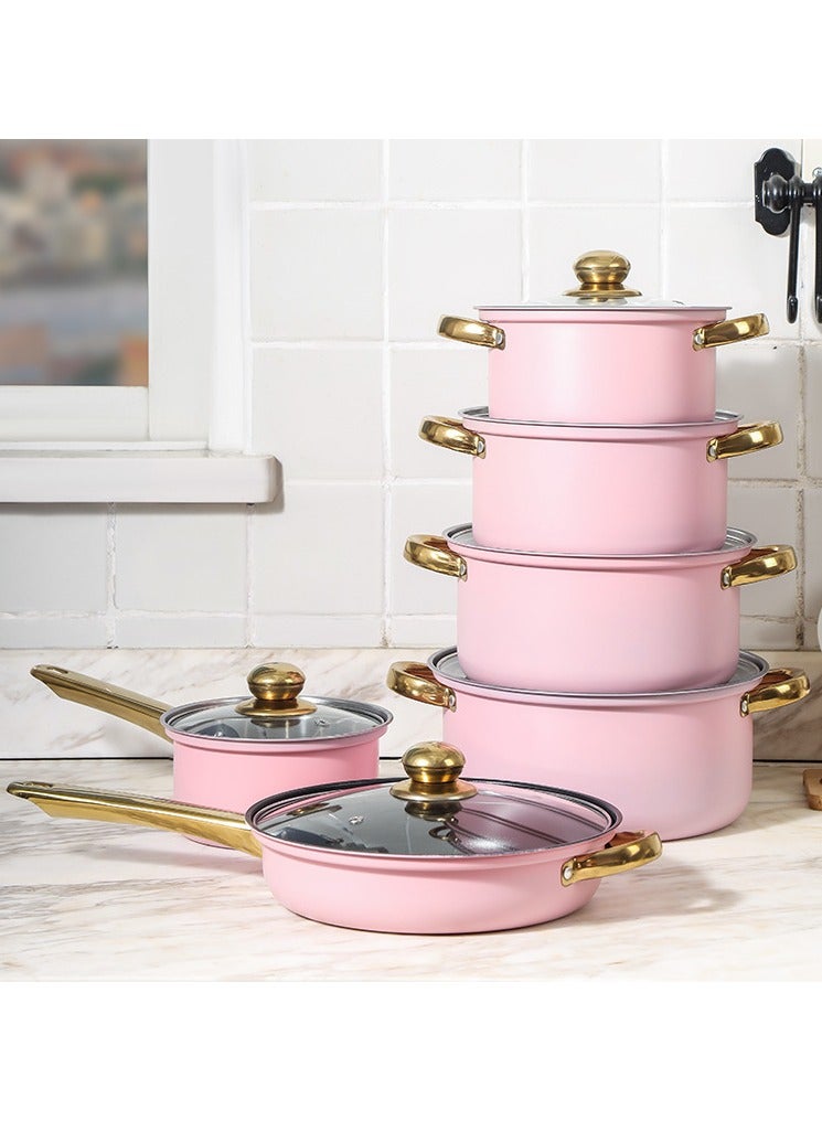 شاربدو طقم أواني مكون من 12 قطعة من الفولاذ المقاوم للصدأ 410 وعاء حساء مقلاة مقلاة وعاء حليب وعاء طبخ وعاء حليب مزدوج الأذن 16/وعاء حساء 18/20/22/24/مقلاة 24 سم (وردي) - Image 1