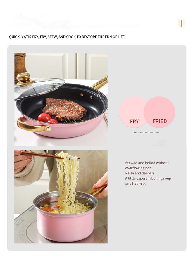 شاربدو طقم أواني مكون من 12 قطعة من الفولاذ المقاوم للصدأ 410 وعاء حساء مقلاة مقلاة وعاء حليب وعاء طبخ وعاء حليب مزدوج الأذن 16/وعاء حساء 18/20/22/24/مقلاة 24 سم (وردي) - Image 3