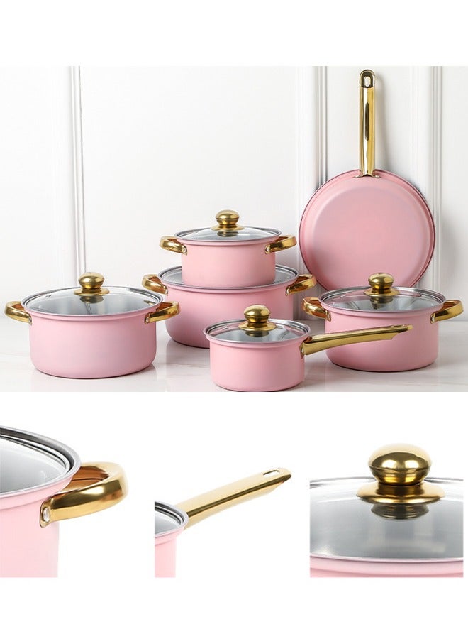 شاربدو طقم أواني مكون من 12 قطعة من الفولاذ المقاوم للصدأ 410 وعاء حساء مقلاة مقلاة وعاء حليب وعاء طبخ وعاء حليب مزدوج الأذن 16/وعاء حساء 18/20/22/24/مقلاة 24 سم (وردي) - Image 4