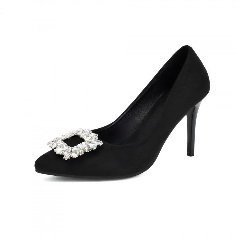 2026 New Style French Pointed-Toe High Heels With Thin Heels, Sizes 40-46, Square Pearl Buckle, Rhinestone Shallow Fashion Pumps - Image 1